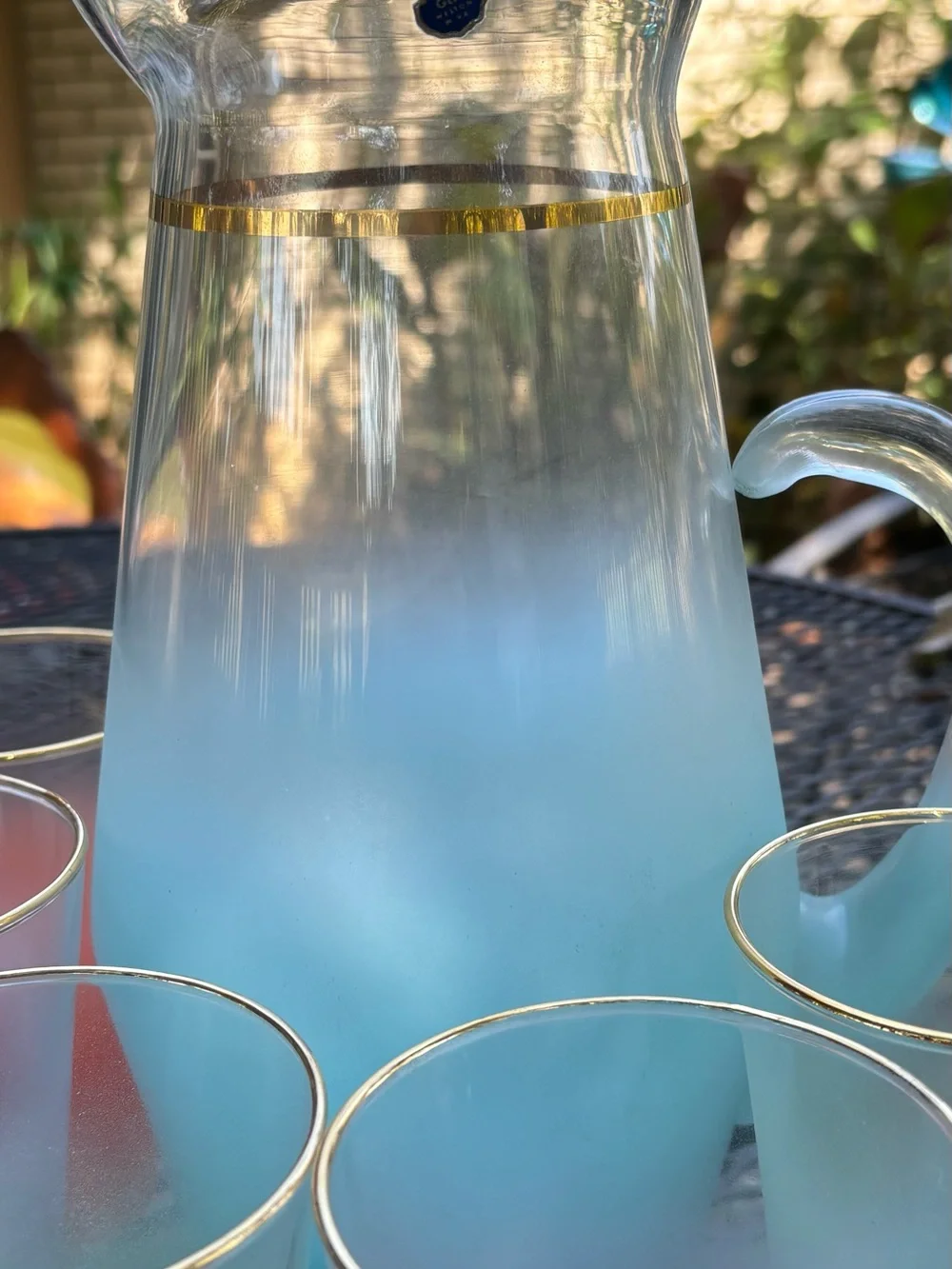 Vintage Ombre Glass Pitcher and 6-Tumbler Set with Gold Trim - Blue/Pink/Green